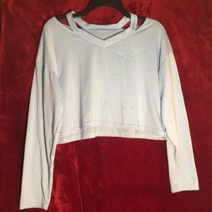 Blue Cropped Long Sleeve Shoulder Cut-out